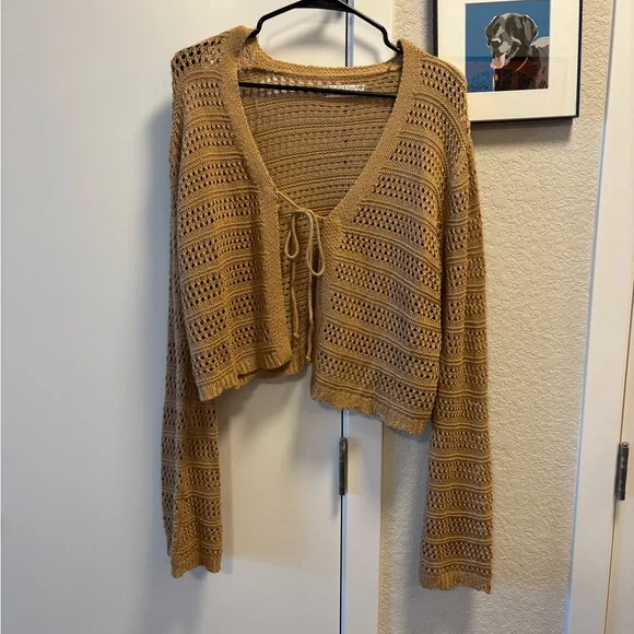 Women's Tan Crochet Tie Sweater - Picture 1 of 3